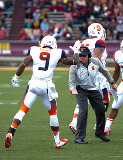 Shafer celebrates with H-back Brisly Estime, who caught a 4-yard touchdown pass from Hunt.