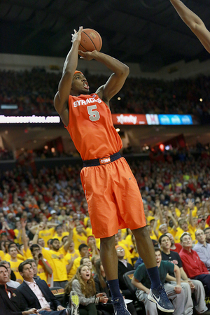 C.J. Fair rises up for a step-back jump shot in Syracuse's 57-55 win over Maryland on Monday night. In front of a crowd of family and friends in his home city, Fair was fired up to put on a good offensive display. 