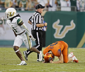 Eric Dungey reacts after his fourth-quarter fumble was recovered by South Florida in an eventual 45-24 loss to the Bulls.