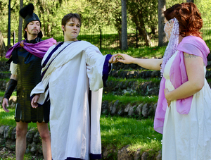 Derek Powell (left), Aaron Alexander and Alyssa Otoski-Keim perform a scene from “Troilus and Cressida.” Syracuse Shakespeare-In-The-Park chose the play because it is one of the playwright's lesser-known works.