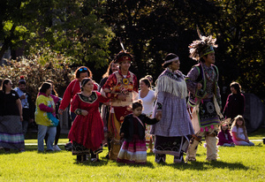 The Haudenosaunee Singers and Dancers performed on the Quad with the Haudenosaunee flag waving in the background to celebrate and commemorate Indigenous Peoples’ Day.