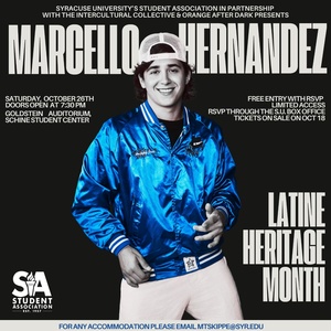 Saturday Night Live cast member Marcello Hernández will perform for the Syracuse University community Oct. 26 in Goldstein Auditorium. Hosted by the Student Association, the event will celebrate Latine Heritage Month and Mental Health Awareness Week. 