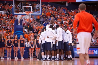 Villanova breaks a huddle prior to tip-off.