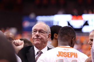 SU head coach Jim Boeheim instructs his team in a timeout during Friday's game against KSU.