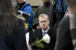 Syverud watches as Lockerbie Scholars Beattie and McLaughlin speak. 